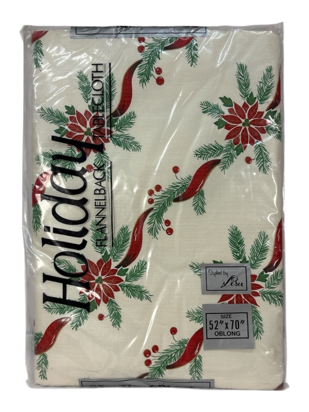 Vtg Holiday Christmas Flannel Backed Tablecloth 52x70 Oblong Ribbon Poinsettia